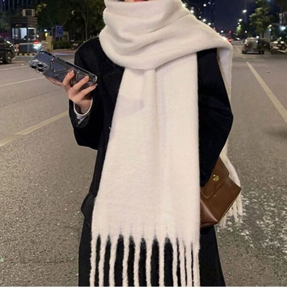 Accessories - Solid oversized white bohemian Scarf, Winter Wool Knitted Thick Fringed Shawl